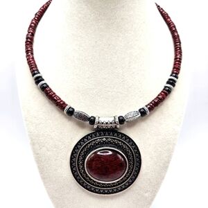 VINTAGE Premier Designs Red Spice Beaded Statement Pendant Choker Necklace